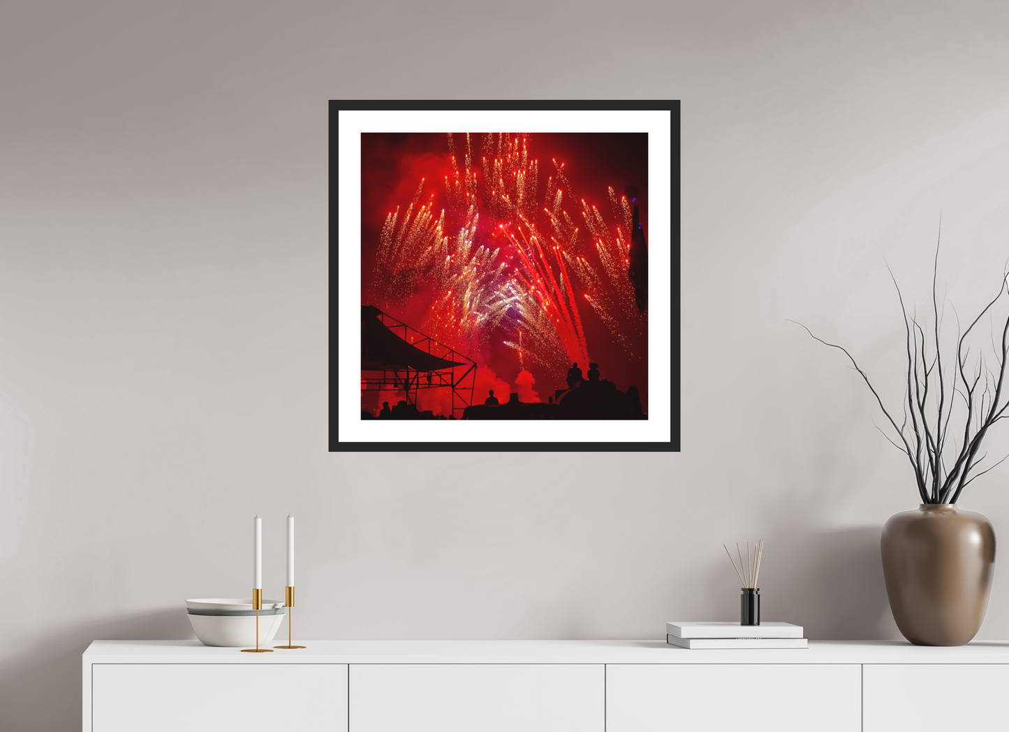 25 x 25″, Solid 0.8" Black Wood Frame With 2" Natural White Passe-Partout with Museum Glass Burning Man - Red Fireworks (square format)