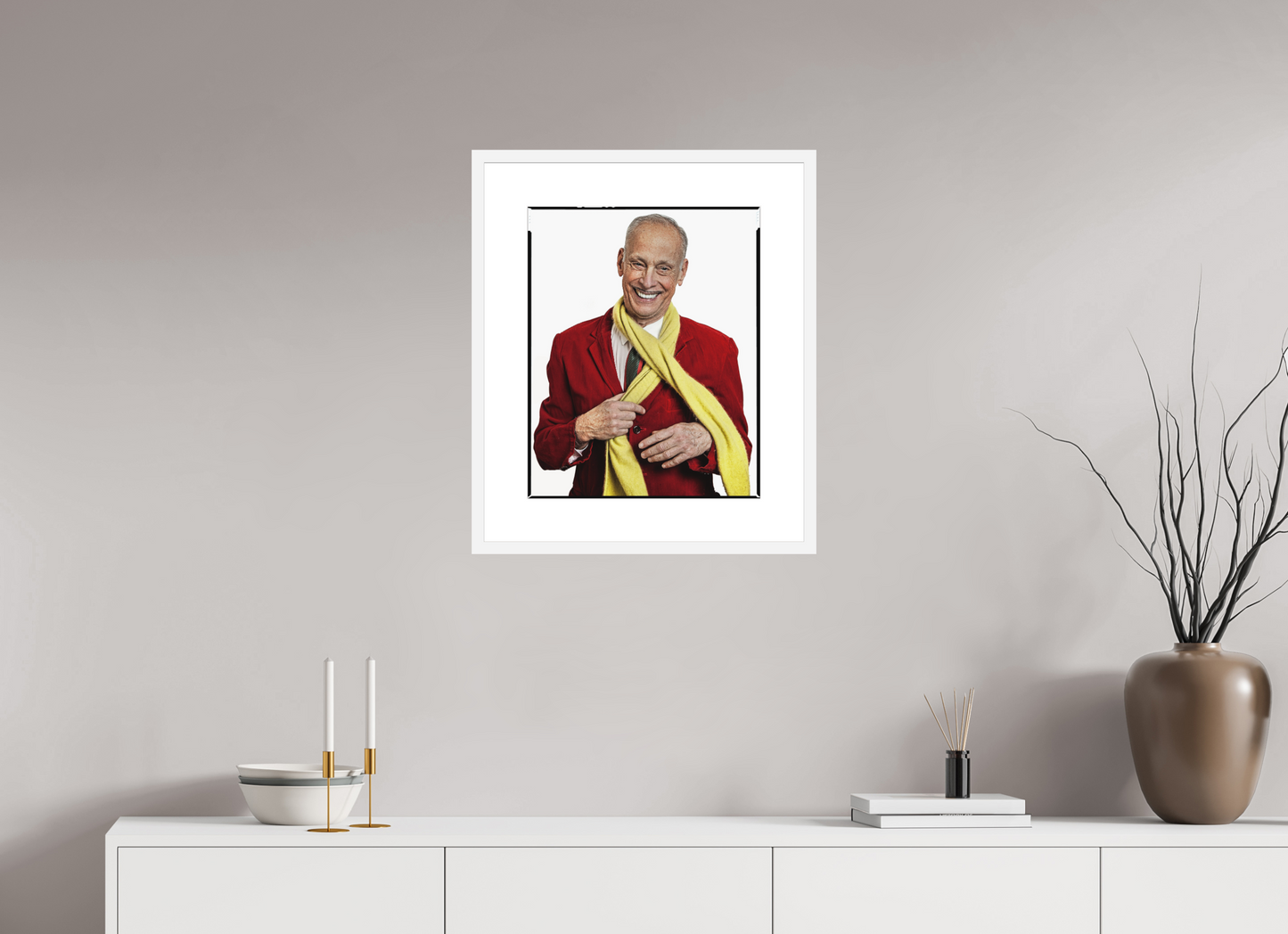 16 x 20″, Solid 0.8" White Wood Frame With 3" Natural White Passe-Partout with Museum Glass Director John Waters in Red Jacket
