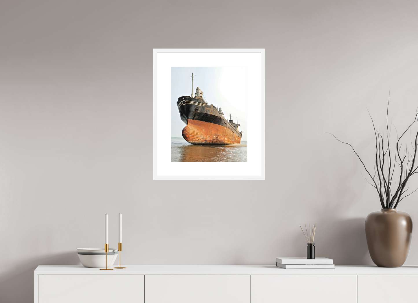 16 x 20″, Solid 0.8" White Wood Frame With 3" Natural White Passe-Partout with Museum Glass Beached Ship Angola