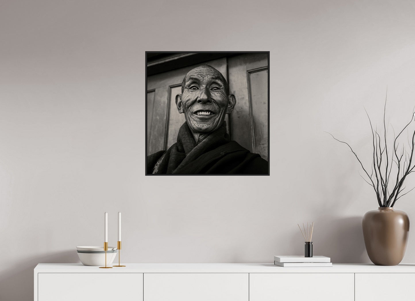 25 x 25″, Black Matte Frame, No Border Reincarnated Tibetan Monk