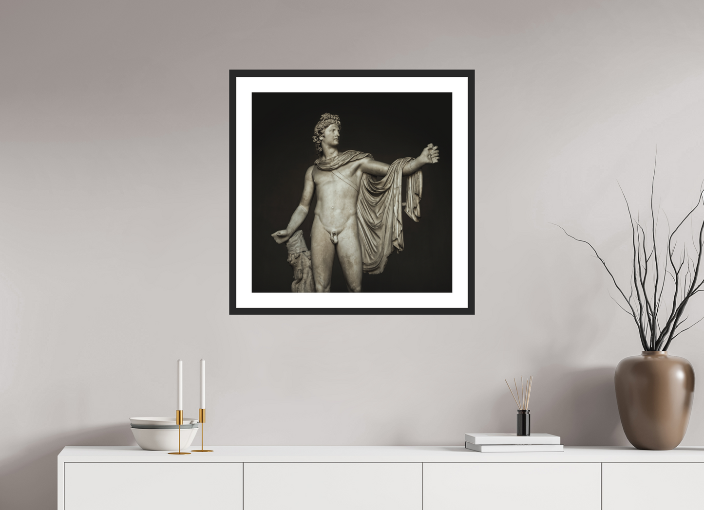 25 x 25″, Solid 0.8" Black Wood Frame With 2" Natural White Passe-Partout with Museum Glass Apollo