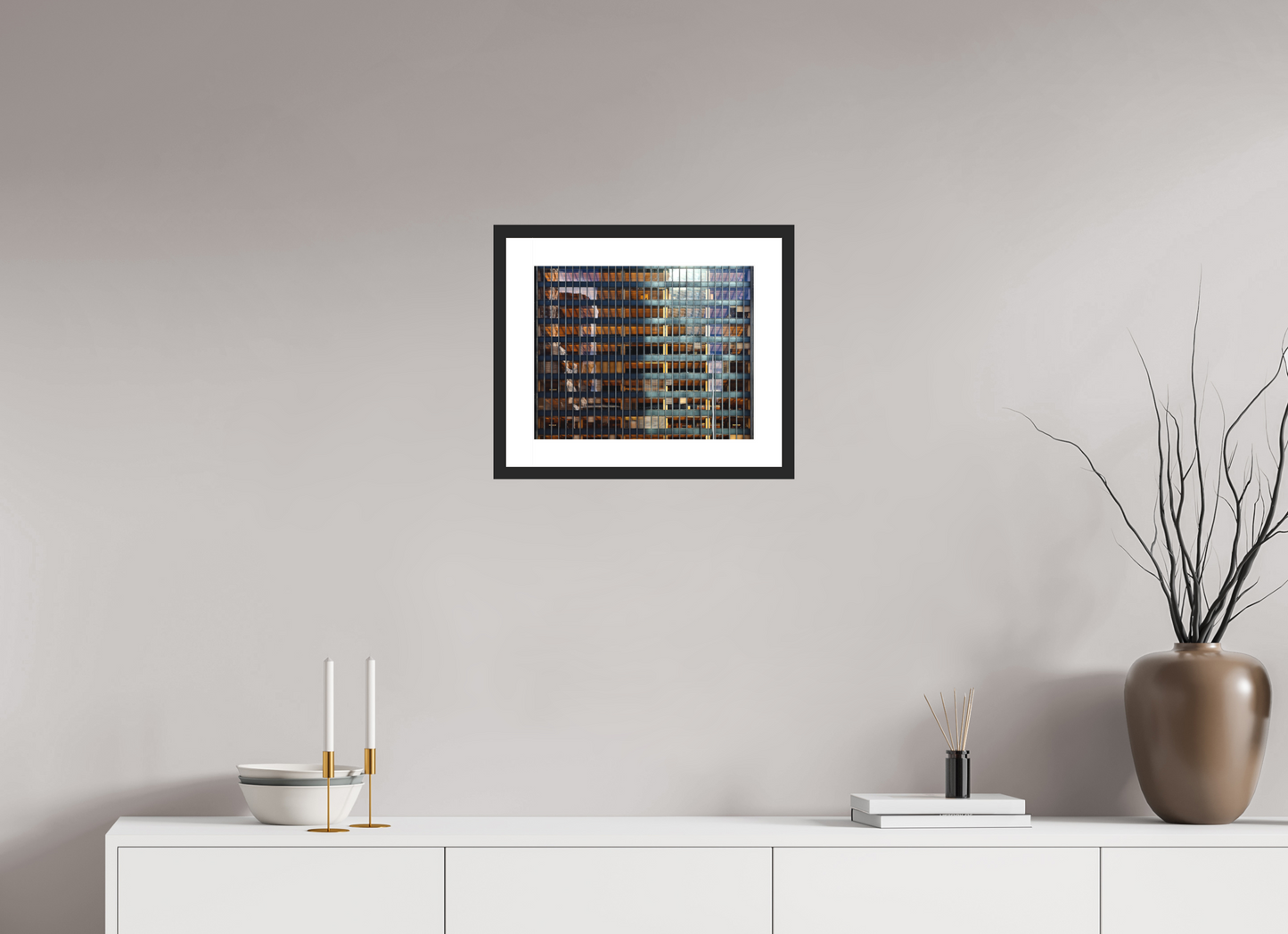 15.1 x 12″, Solid 0.8" Black Wood Frame With 2" Natural White Passe-Partout with Museum Glass Seagram Building
