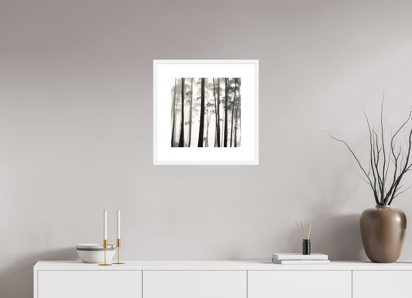 15 x 15″, Solid 0.8" White Wood Frame With 3" Natural White Passe-Partout with Museum Glass Tilba Tilba Trees, Austrailia