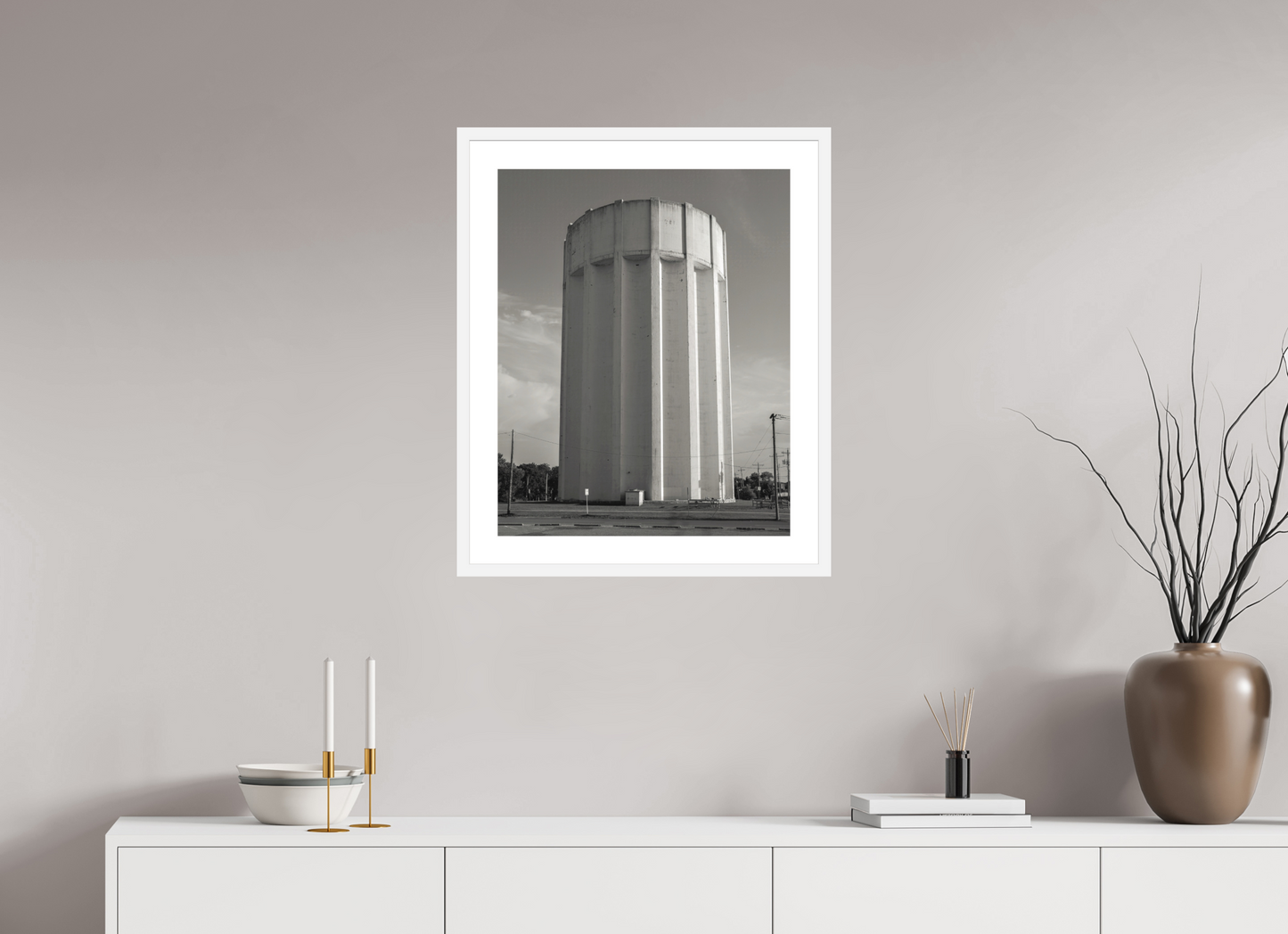 20 x 25″, Solid 0.8" White Wood Frame With 2" Natural White Passe-Partout with Museum Glass Ribbed Water Tower Kansas