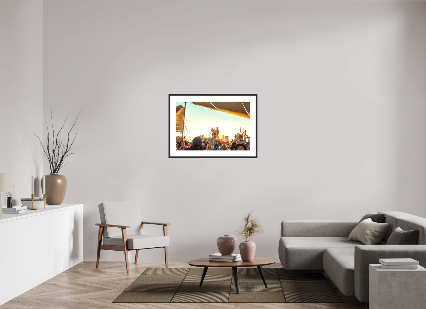 36 x 24″, Solid 0.8" Black Wood Frame With 3" Natural White Passe-Partout with Museum Glass Burning Man - Gathering