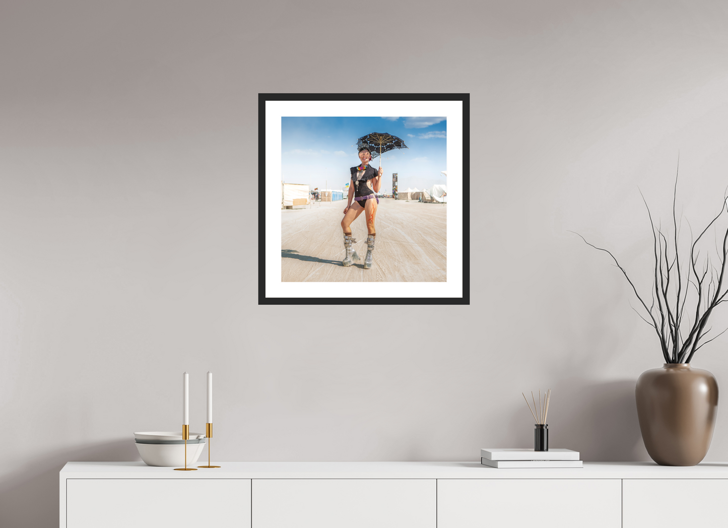 20 x 20″, Solid 0.8" Black Wood Frame With 2" Natural White Passe-Partout with Museum Glass Burning Man - Attendee with Parasol