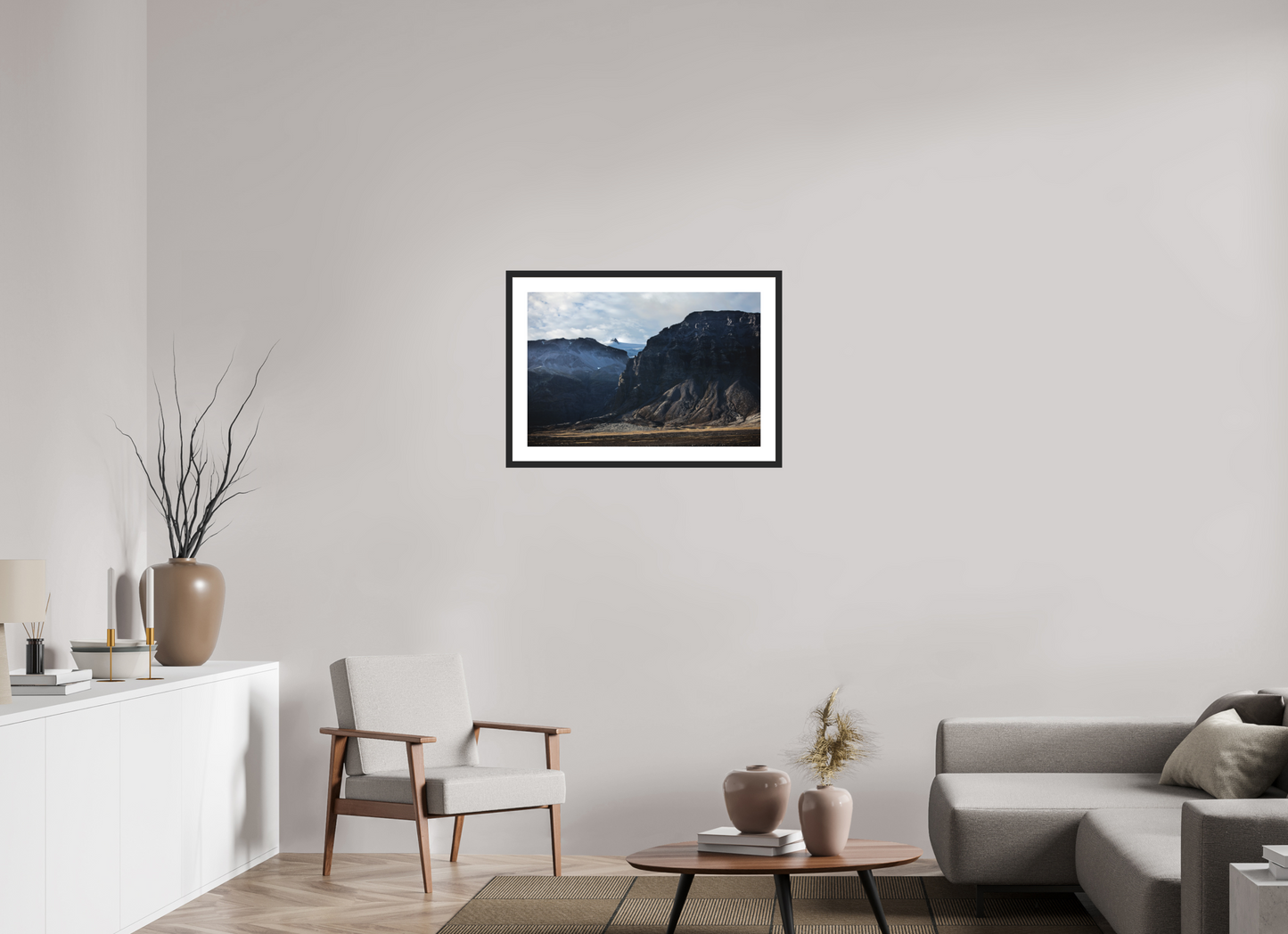30 x 20″, Solid 0.8" Black Wood Frame With 2" Natural White Passe-Partout with Museum Glass Iceland Black Mountains