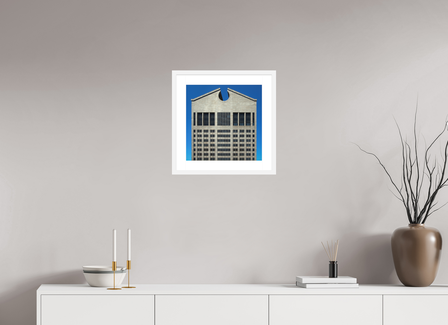 15 x 15″, Solid 0.8" White Wood Frame With 2" Natural White Passe-Partout with Museum Glass The Chippendale Building
