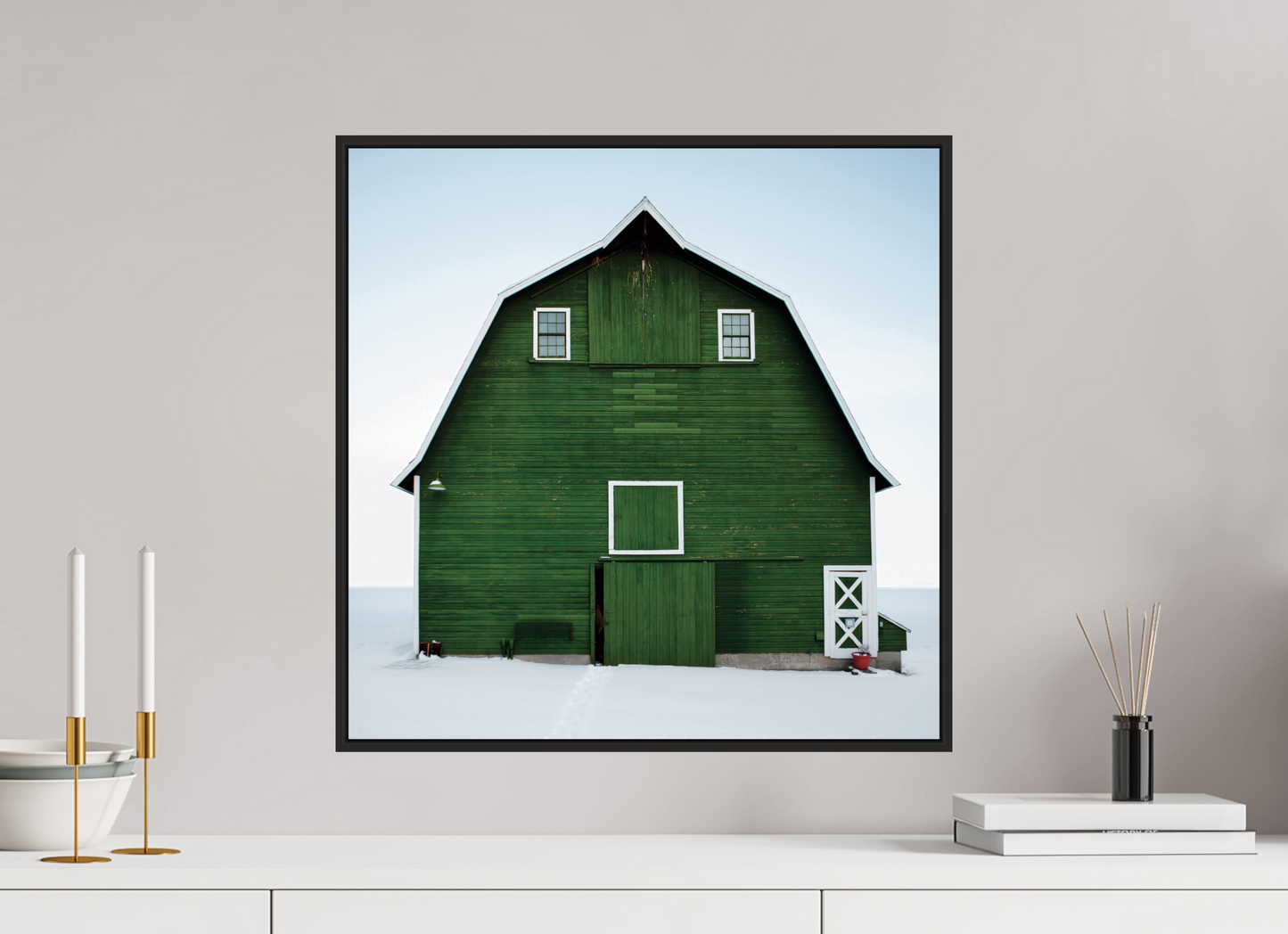 20 x 20″, Black Matte Frame, No Border Green Barn