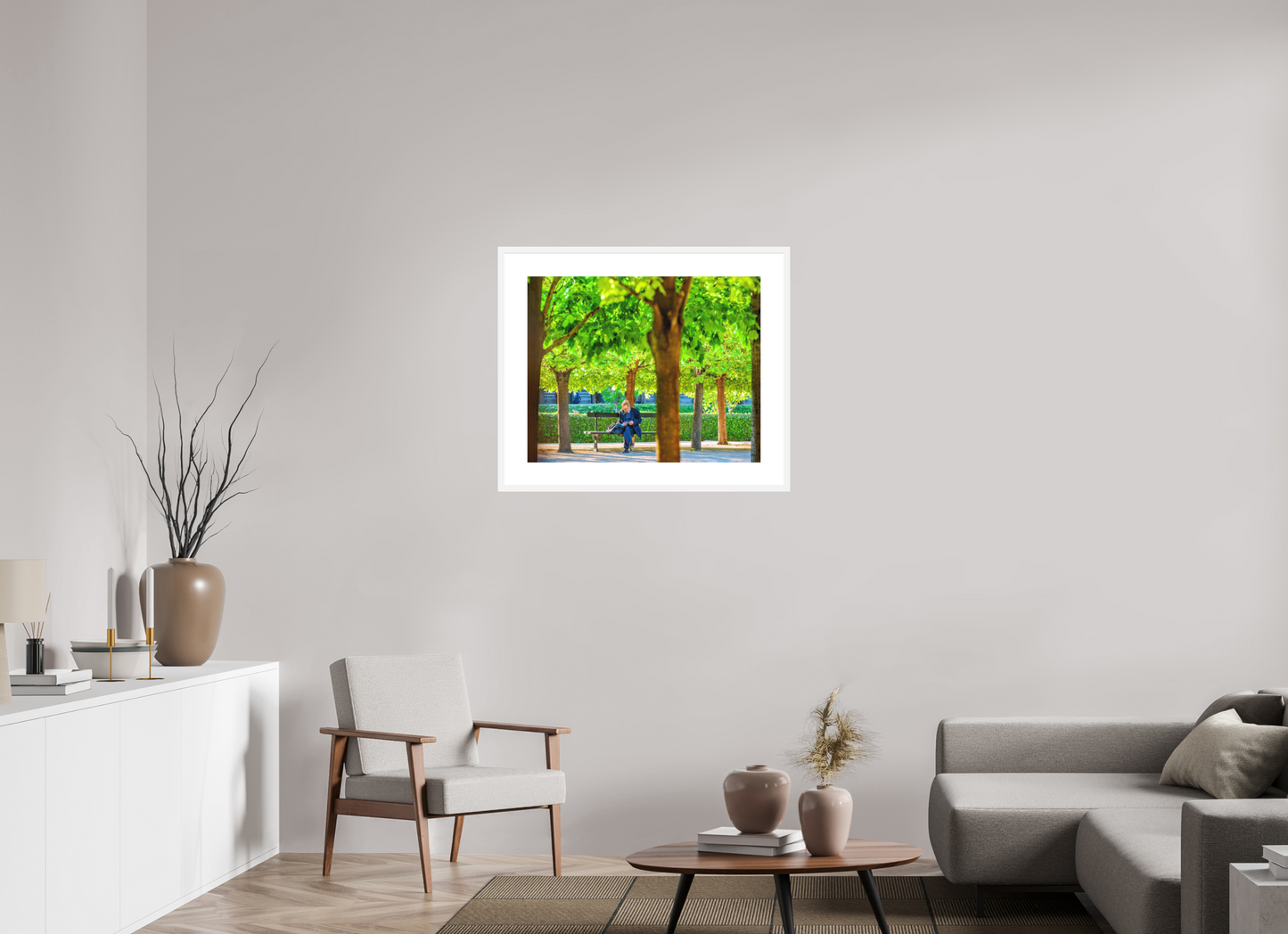 30 x 24″, Solid 0.8" White Wood Frame With 3" Natural White Passe-Partout with Museum Glass Man Reading in Palais-Royal Garden