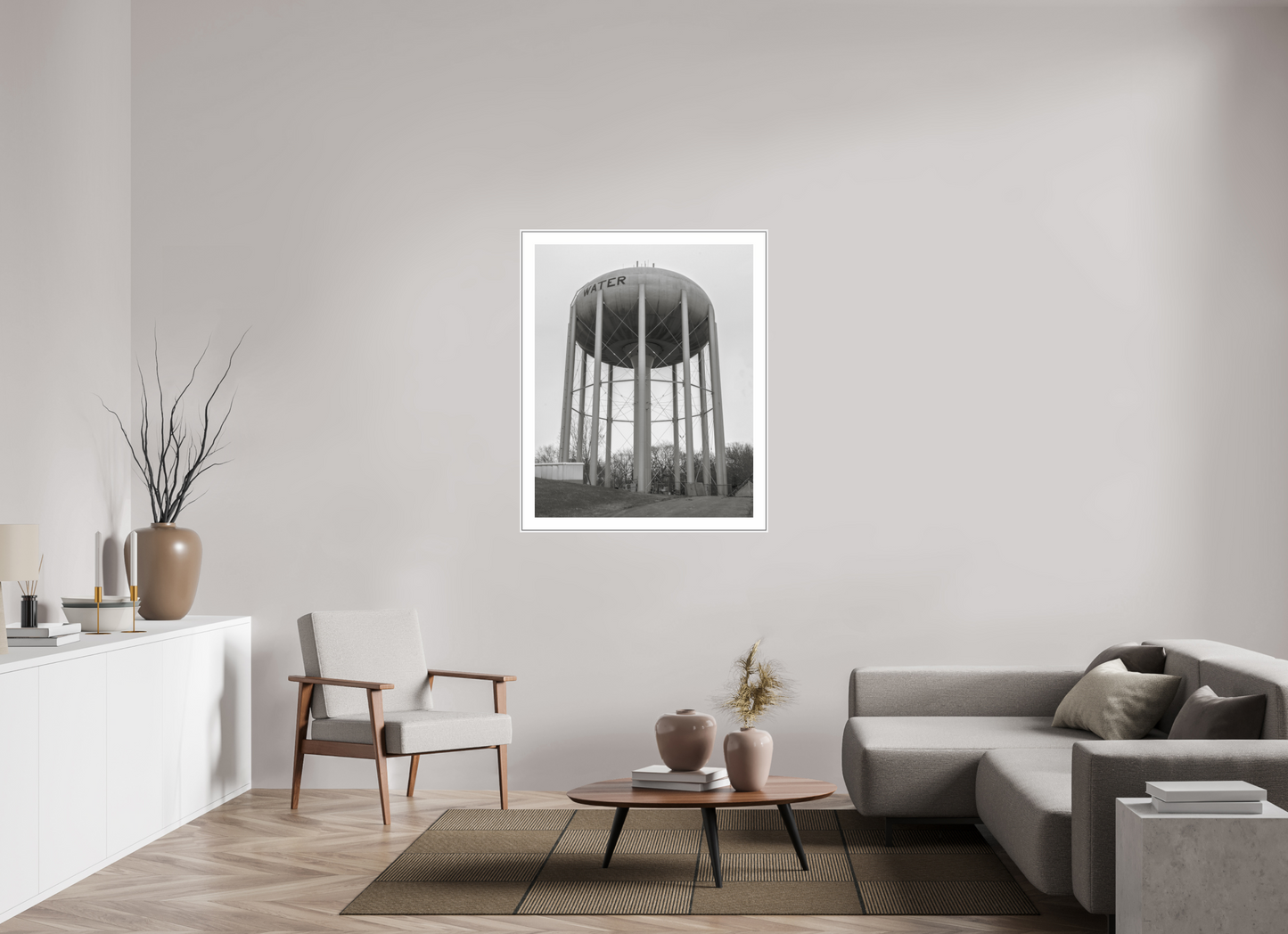 35 x 43.7″, White Matte Frame Grey Water Tower
