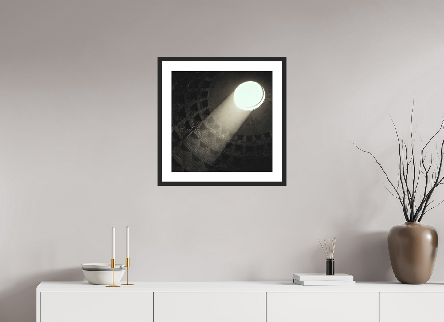 20 x 20″, Solid 0.8" Black Wood Frame With 2" Natural White Passe-Partout with Museum Glass Pantheon Ceiling