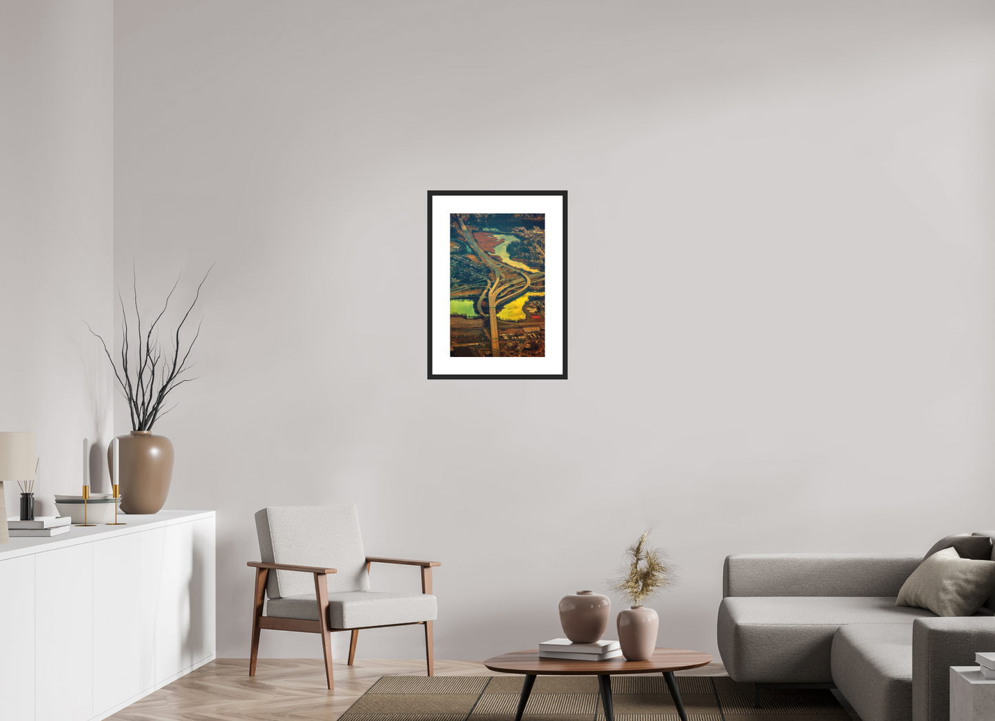 16 x 24″, Solid 0.8" Black Wood Frame With 3" Natural White Passe-Partout with Museum Glass Aerial View of Highway