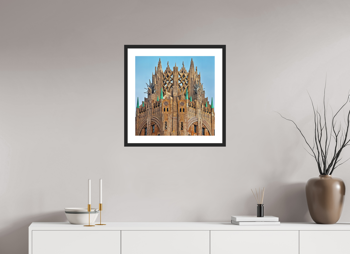 20 x 20″, Solid 0.8" Black Wood Frame With 2" Natural White Passe-Partout with Museum Glass Crown of General Electric Building