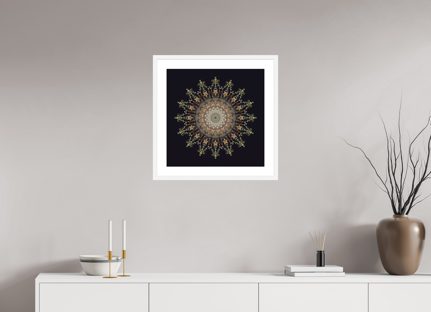 20 x 20″, Solid 0.8" White Wood Frame With 2" Natural White Passe-Partout with Museum Glass Water Mandala No. 4092