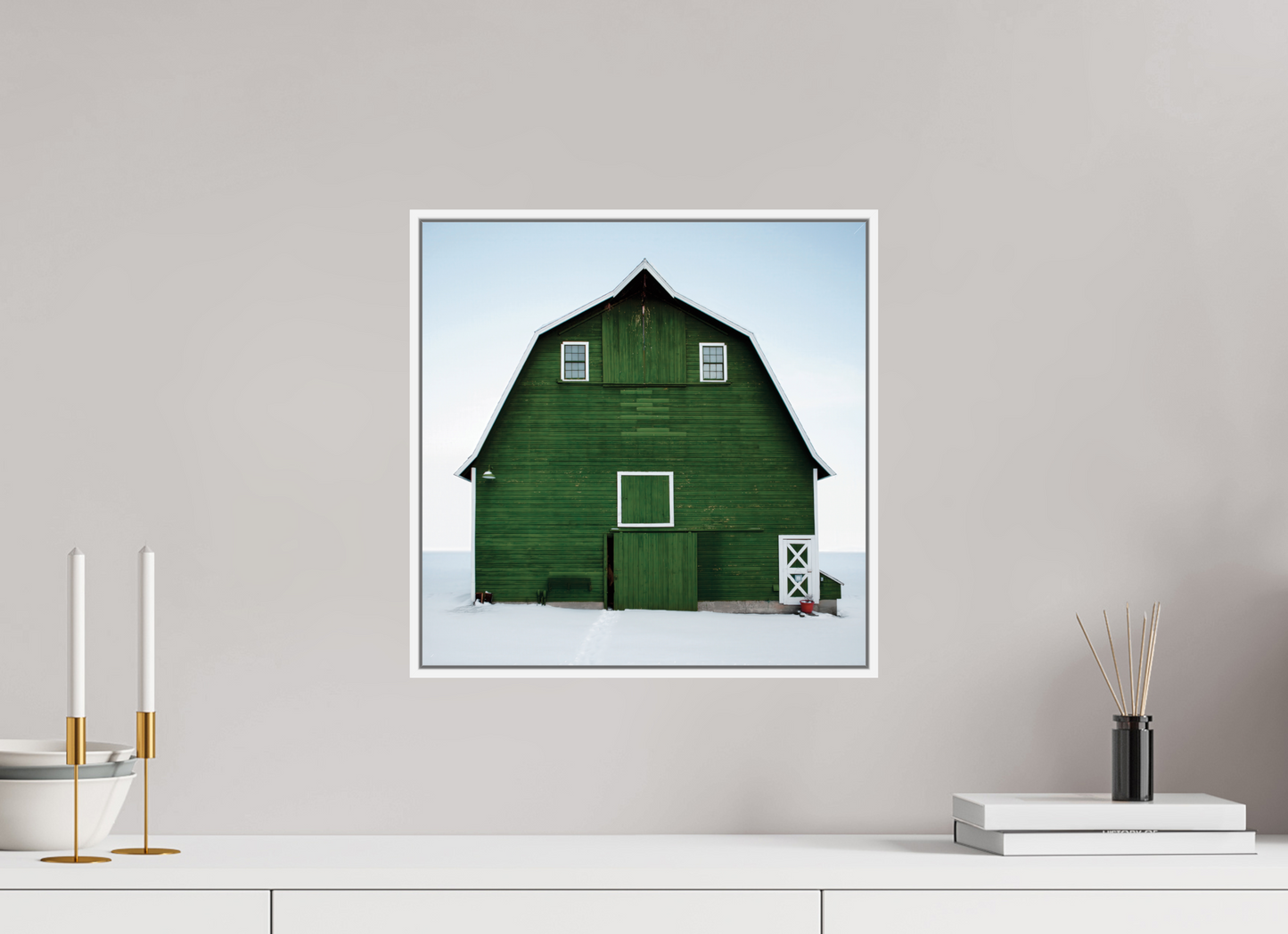 15 x 15″, White Matte Frame, No Border Green Barn