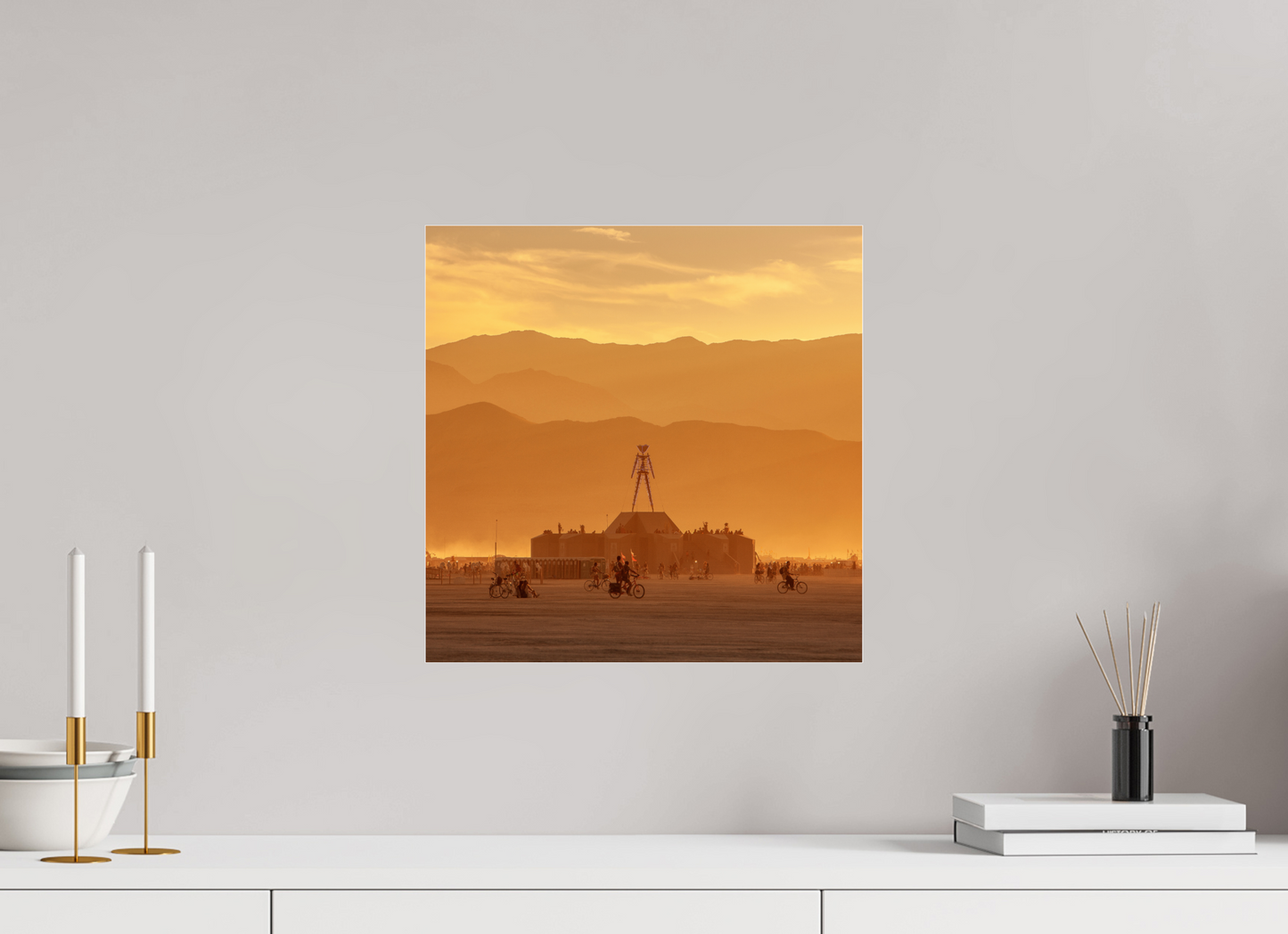 15 x 15″, Frameless Acrylic Glass Burning Man with Mountains