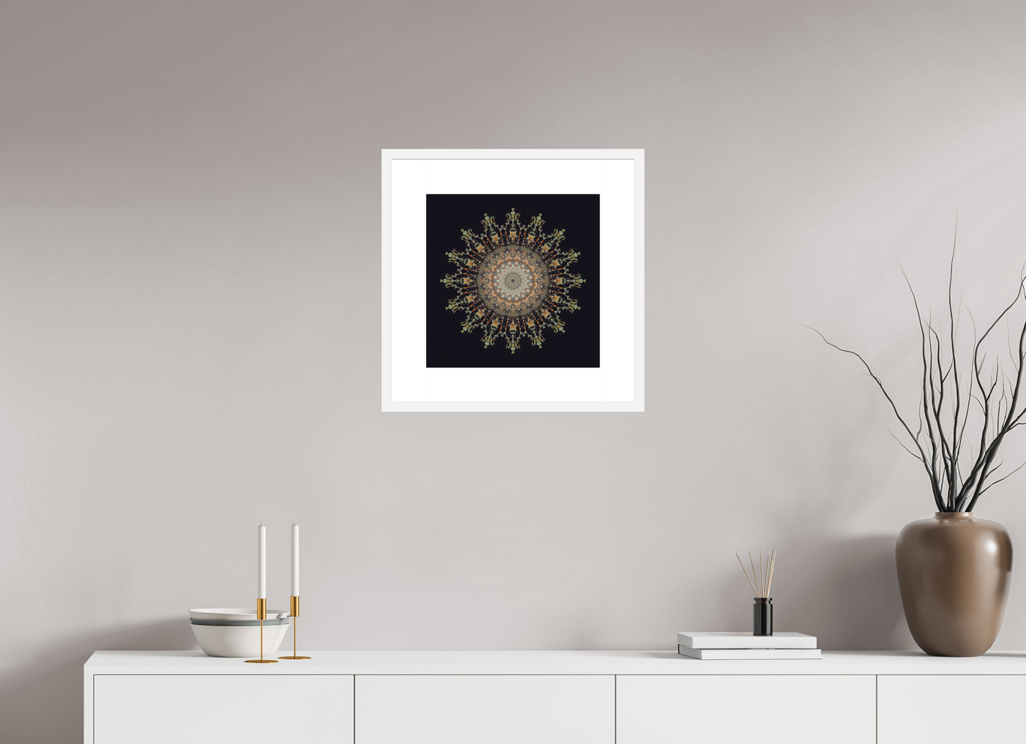 15 x 15″, Solid 0.8" White Wood Frame With 3" Natural White Passe-Partout with Museum Glass Water Mandala No. 4092
