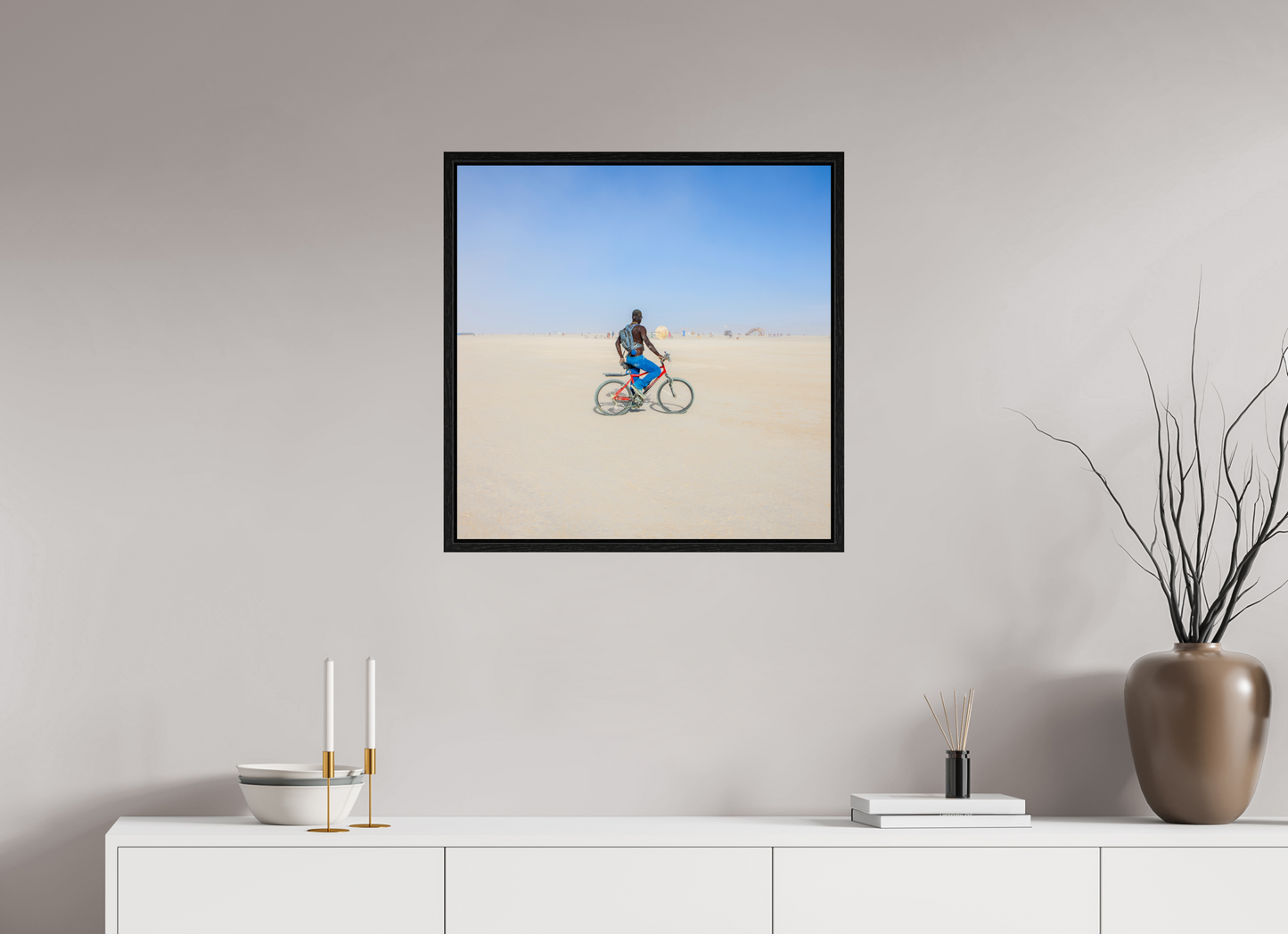 25 x 25″, Floater Frame Burning Man - Man on Red Bike