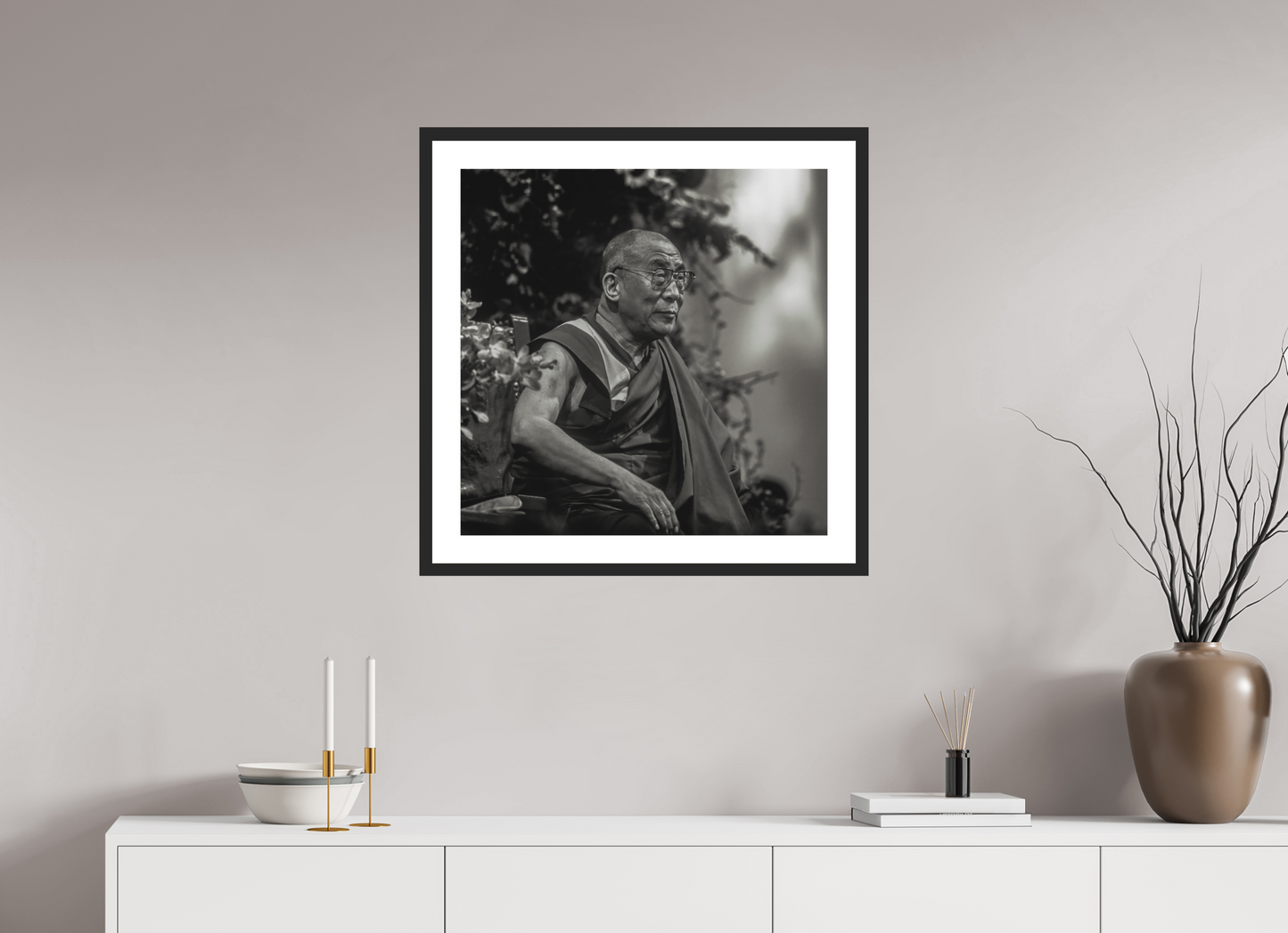 25 x 25″, Solid 0.8" Black Wood Frame With 2" Natural White Passe-Partout with Museum Glass His Holiness the Dalai Lama