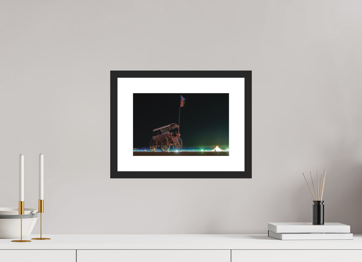 12 x 8″, Solid 0.8" Black Wood Frame With 2" Natural White Passe-Partout with Museum Glass Burning Man - Art Car with Flag