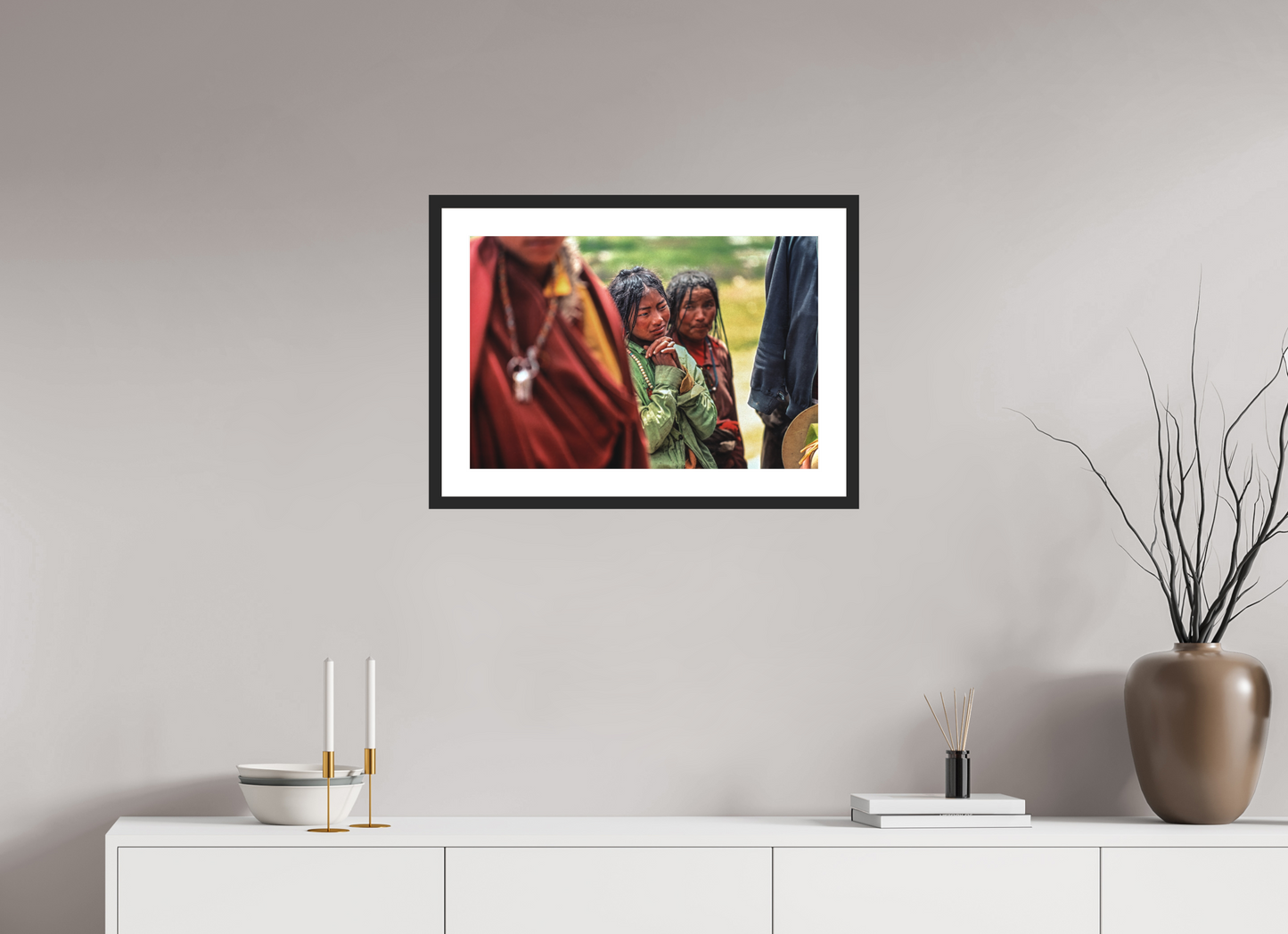 23.7 x 16″, Solid 0.8" Black Wood Frame With 2" Natural White Passe-Partout with Museum Glass Tibetan Girl in Green Jacket