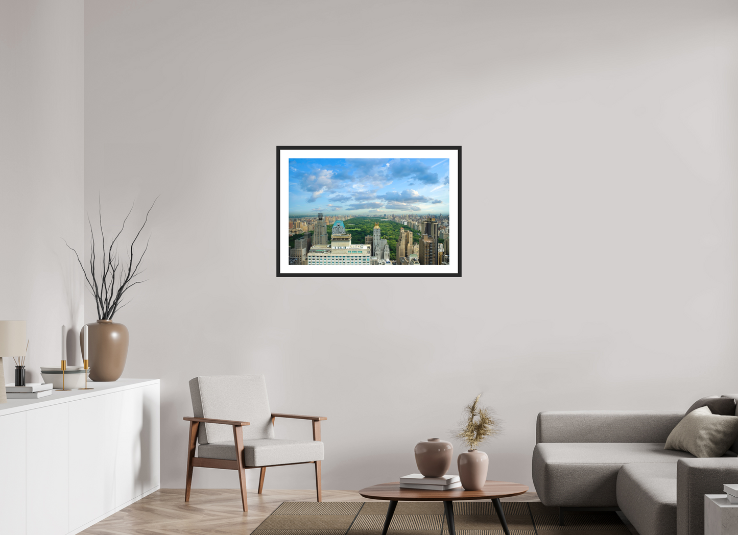 36 x 24″, Solid 0.8" Black Wood Frame With 2" Natural White Passe-Partout with Museum Glass Central Park