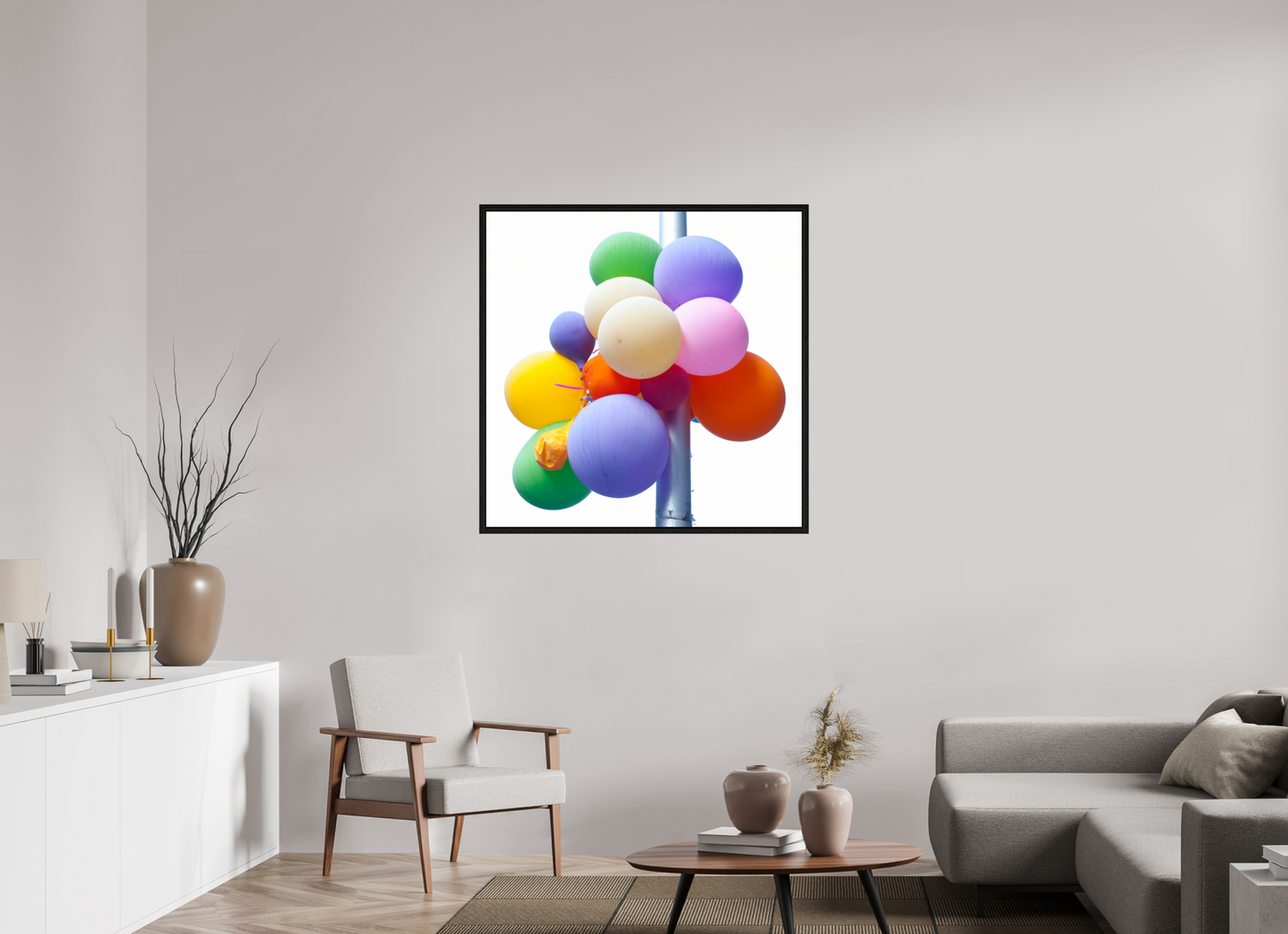 40 x 40″, Floater Frame Colorful Ballons Tied to a Lamp Post