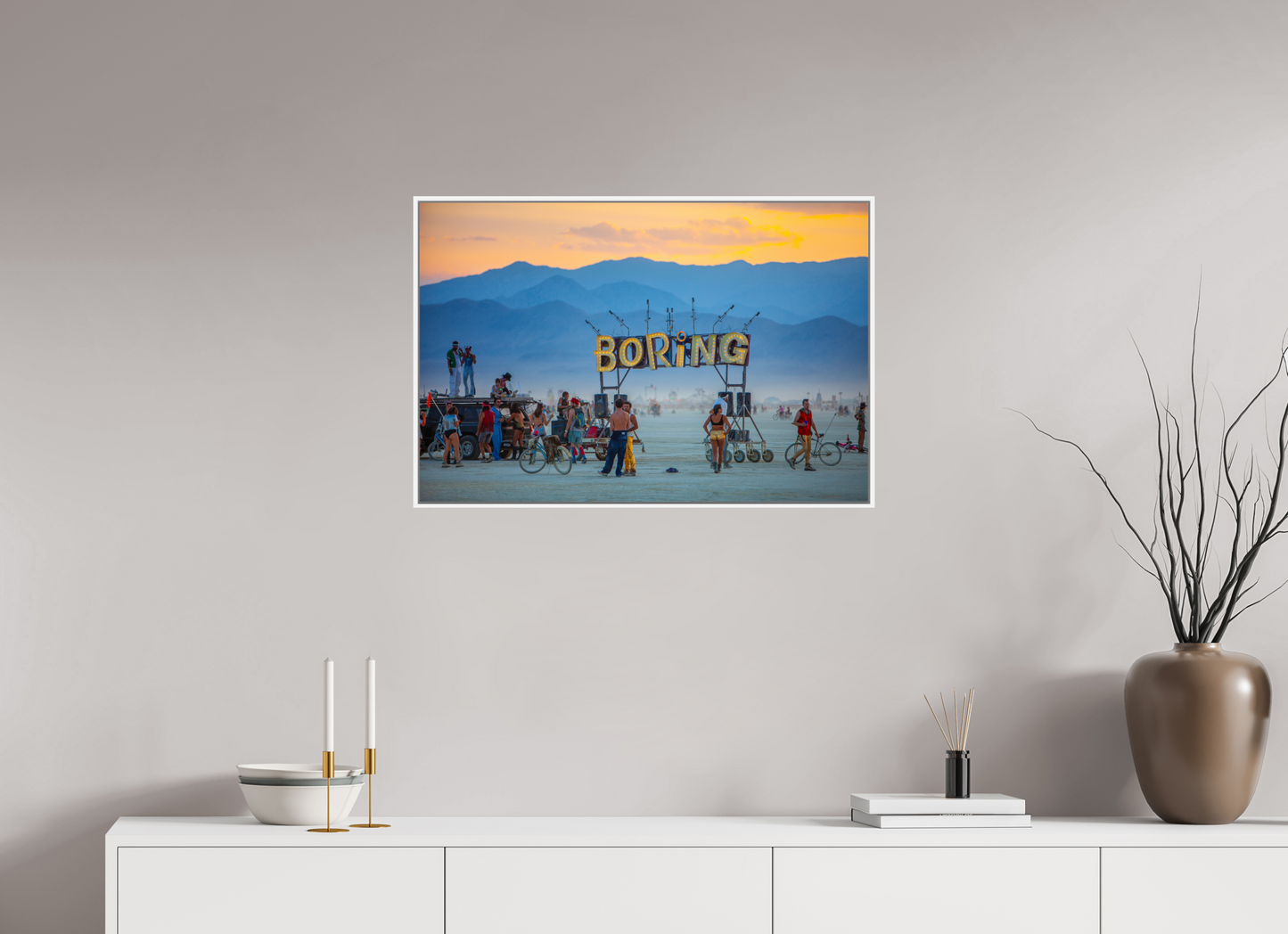 30 x 20″, White Matte Frame, No Border Burning Man - Boring Sign