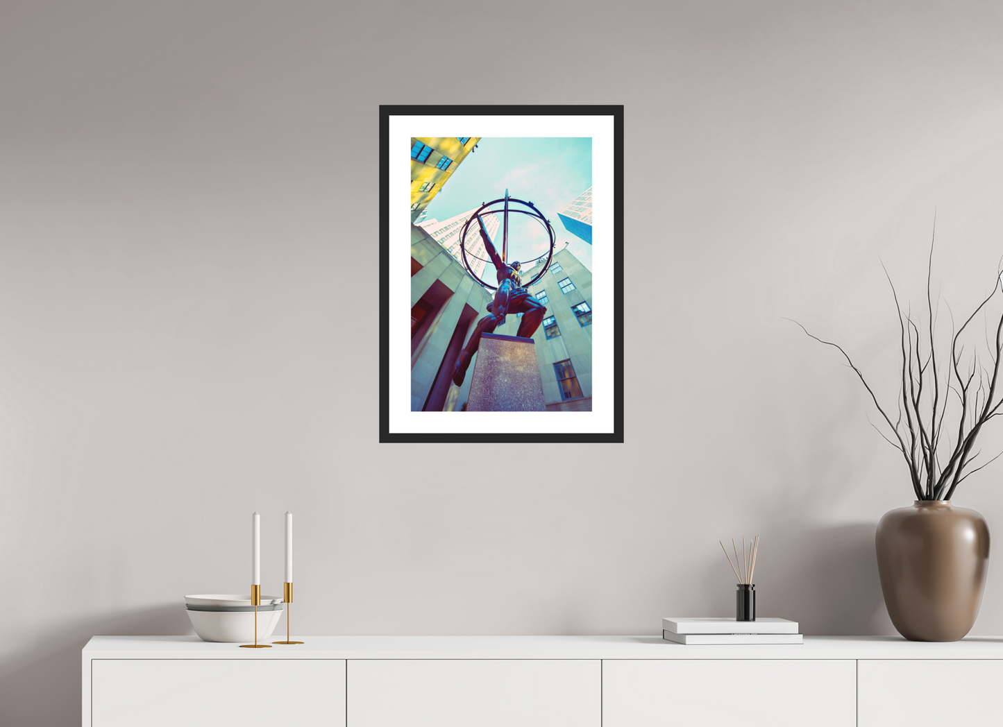 16 x 24″, Solid 0.8" Black Wood Frame With 2" Natural White Passe-Partout with Museum Glass Atlas Statue, NY