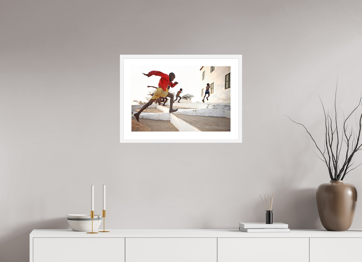 24 x 16″, Solid 0.8" White Wood Frame With 2" Natural White Passe-Partout with Museum Glass Boys Running, Angola