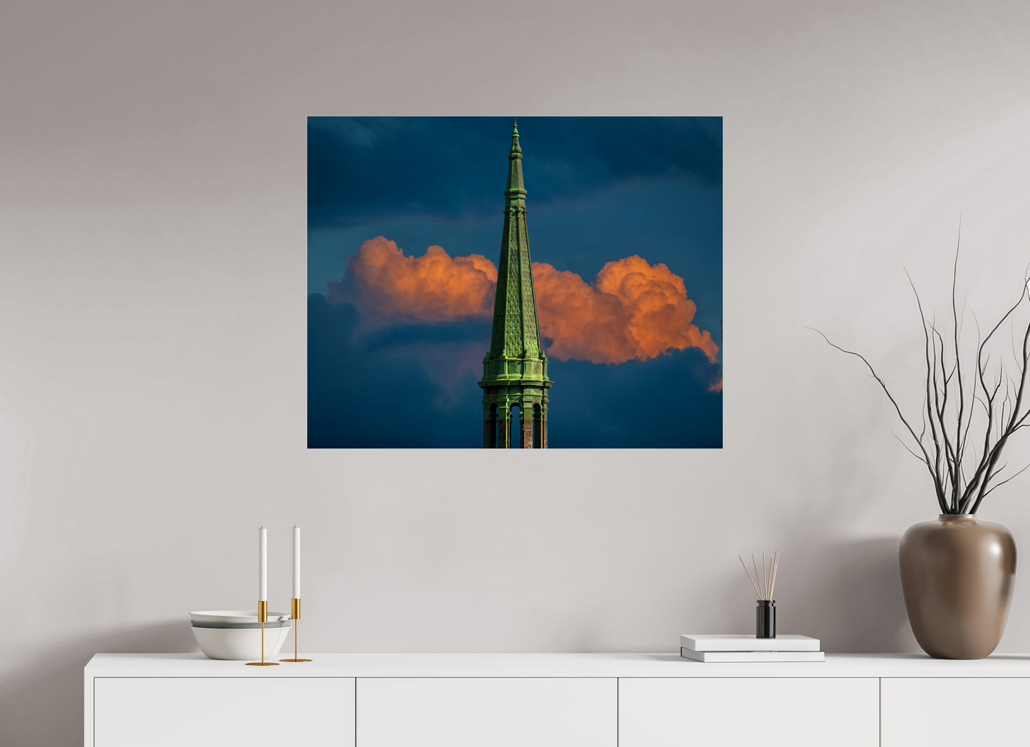 35 x 28″, Frameless Acrylic Glass Orange Clouds and Green Tower