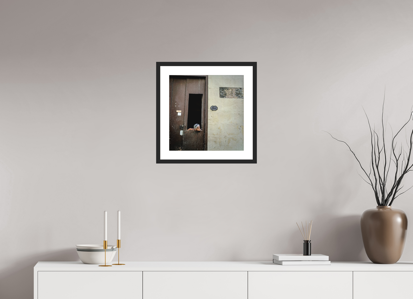 16 x 16.2″, Solid 0.8" Black Wood Frame With 2" Natural White Passe-Partout with Museum Glass Cuban Woman in Window, Havana