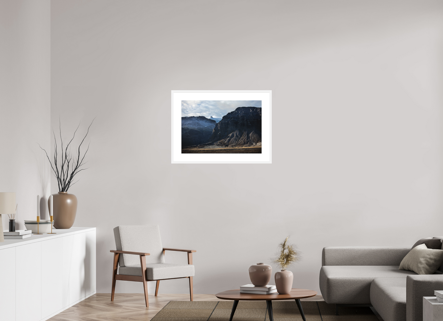 30 x 20″, Solid 0.8" White Wood Frame With 3" Natural White Passe-Partout with Museum Glass Iceland Black Mountains
