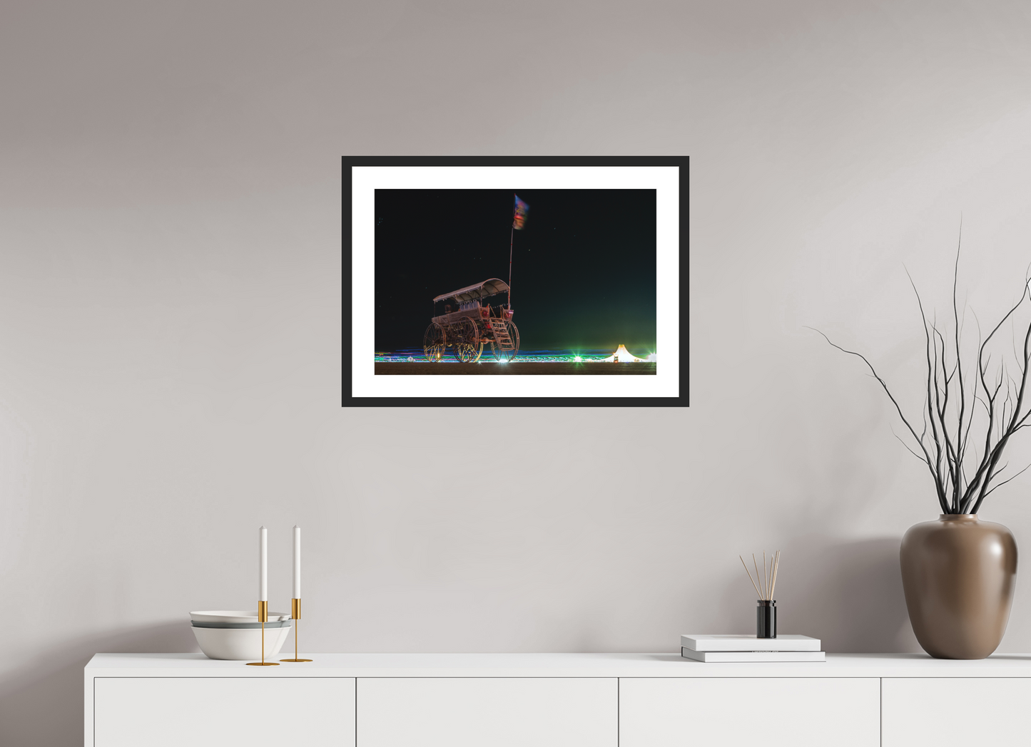 24 x 16″, Solid 0.8" Black Wood Frame With 2" Natural White Passe-Partout with Museum Glass Burning Man - Art Car with Flag