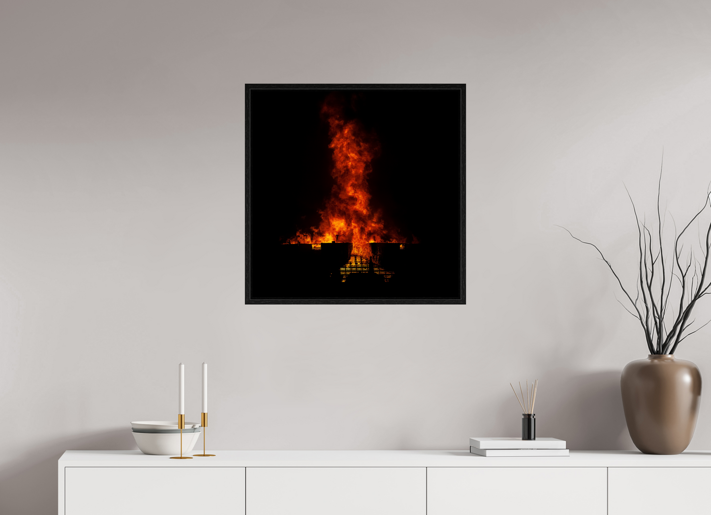 25 x 25″, Floater Frame Burning Man - Flames