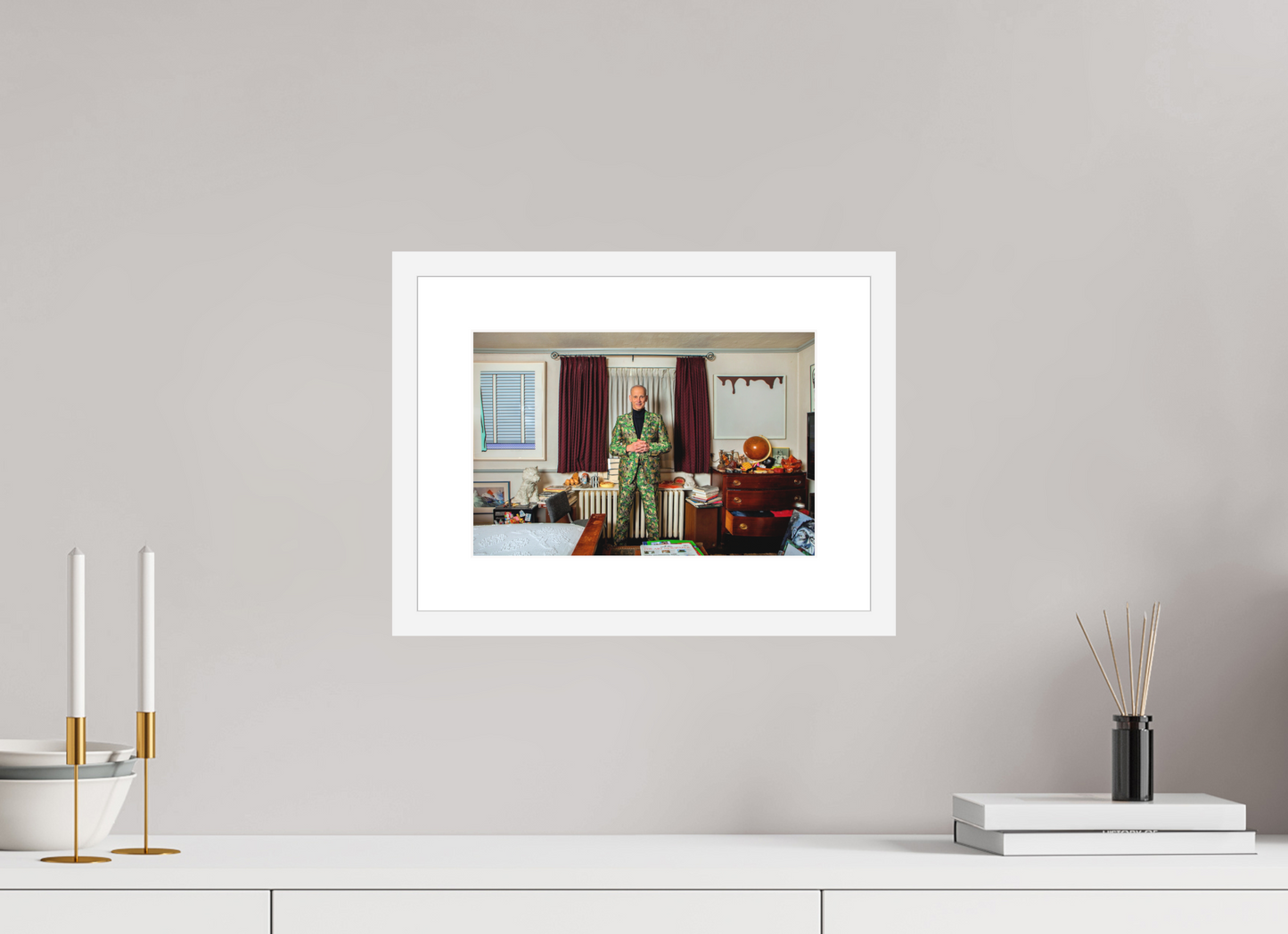 12 x 8″, Solid 0.8" White Wood Frame With 2" Natural White Passe-Partout with Museum Glass Director John Waters in his Bedroom