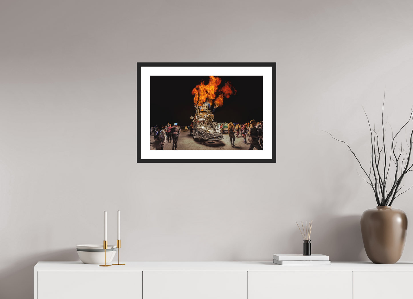 24 x 16″, Solid 0.8" Black Wood Frame With 2" Natural White Passe-Partout with Museum Glass Burning Man - Art Car with Flames
