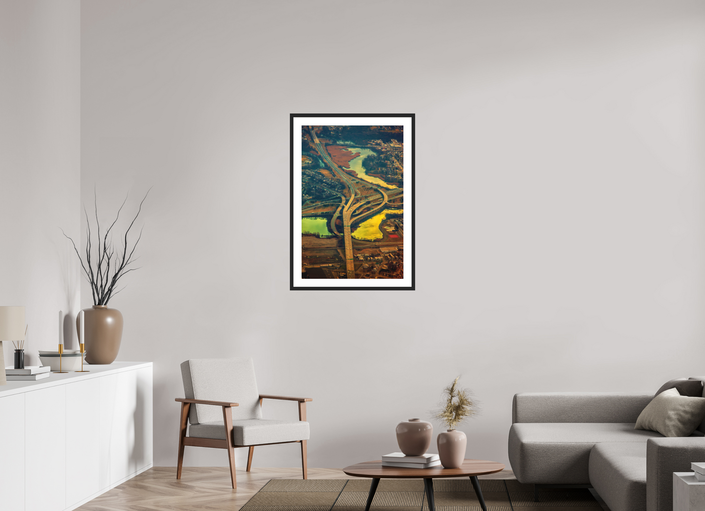 24 x 36″, Solid 0.8" Black Wood Frame With 2" Natural White Passe-Partout with Museum Glass Aerial View of Highway