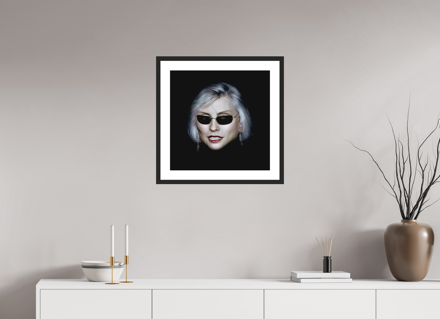 20 x 20″, Solid 0.8" Black Wood Frame With 2" Natural White Passe-Partout with Museum Glass Debbie Harry Wearing Glasses