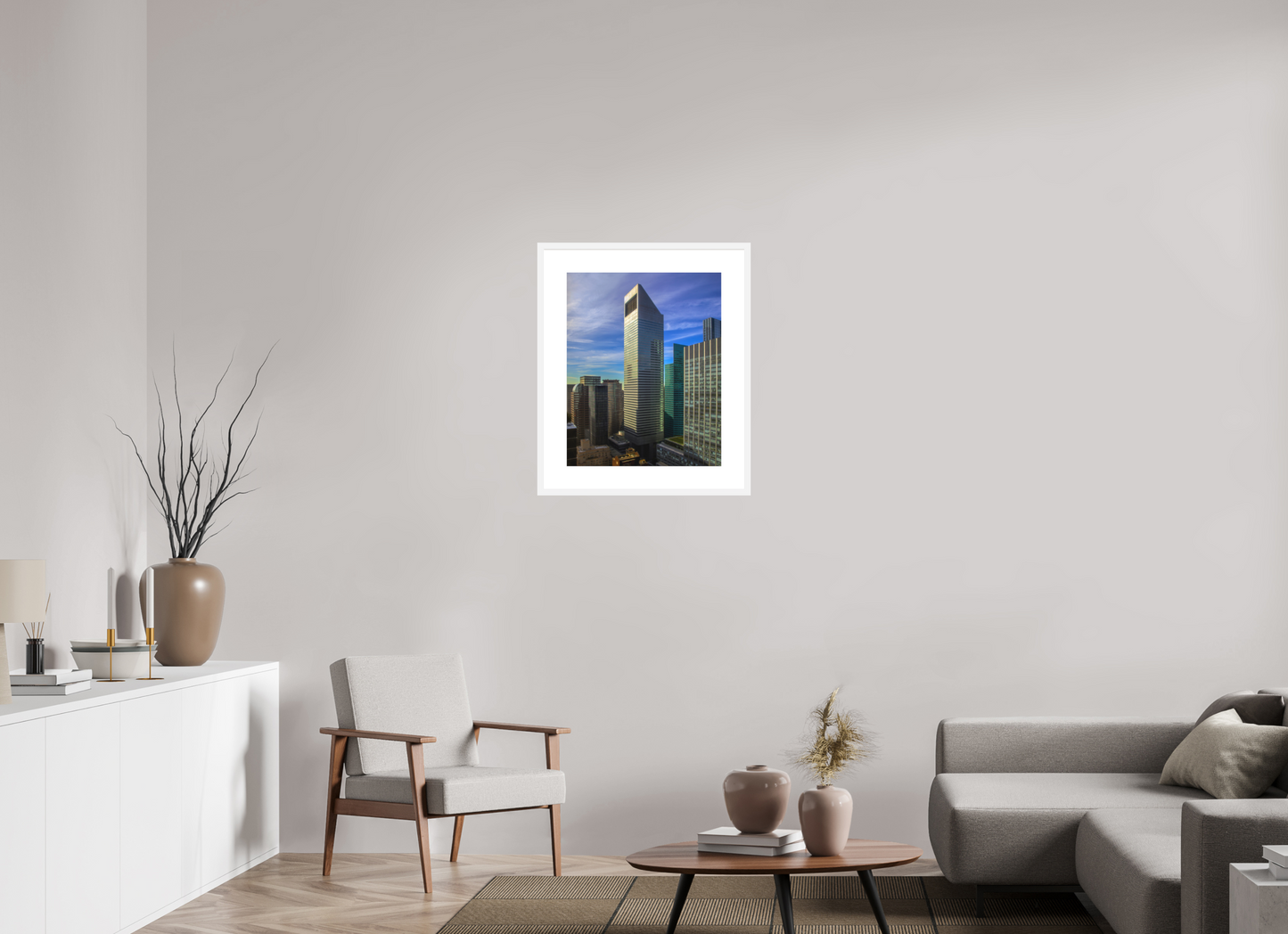 20 x 25″, Solid 0.8" White Wood Frame With 3" Natural White Passe-Partout with Museum Glass CitiCorp Tower