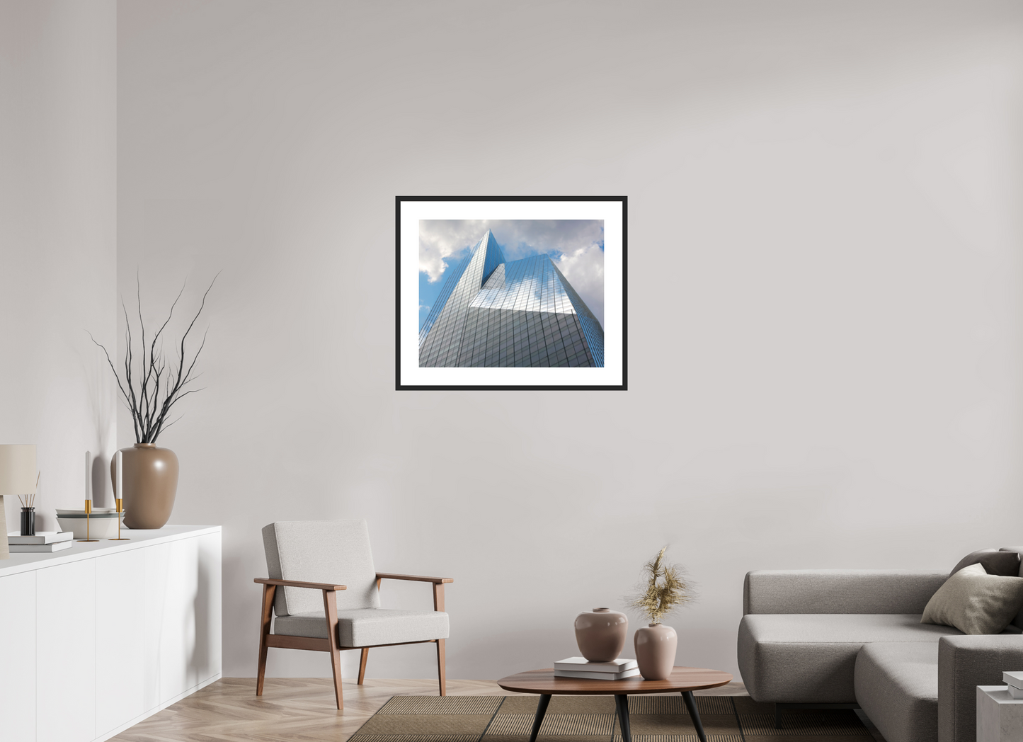 30 x 24″, Solid 0.8" Black Wood Frame With 3" Natural White Passe-Partout with Museum Glass Bank of America Tower