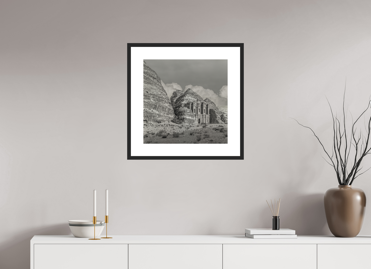 20 x 20″, Solid 0.8" Black Wood Frame With 3" Natural White Passe-Partout with Museum Glass #220 Monastary in Petra