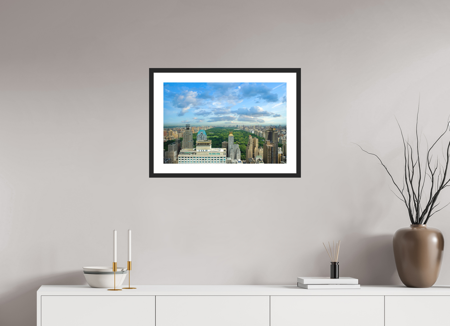 24 x 16″, Solid 0.8" Black Wood Frame With 2" Natural White Passe-Partout with Museum Glass Central Park