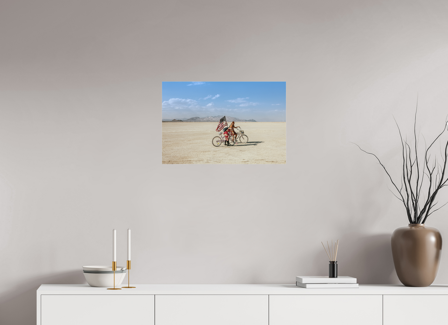 24 x 16″, Frameless Acrylic Glass Burning Man - Two with Bikes and USA Flag
