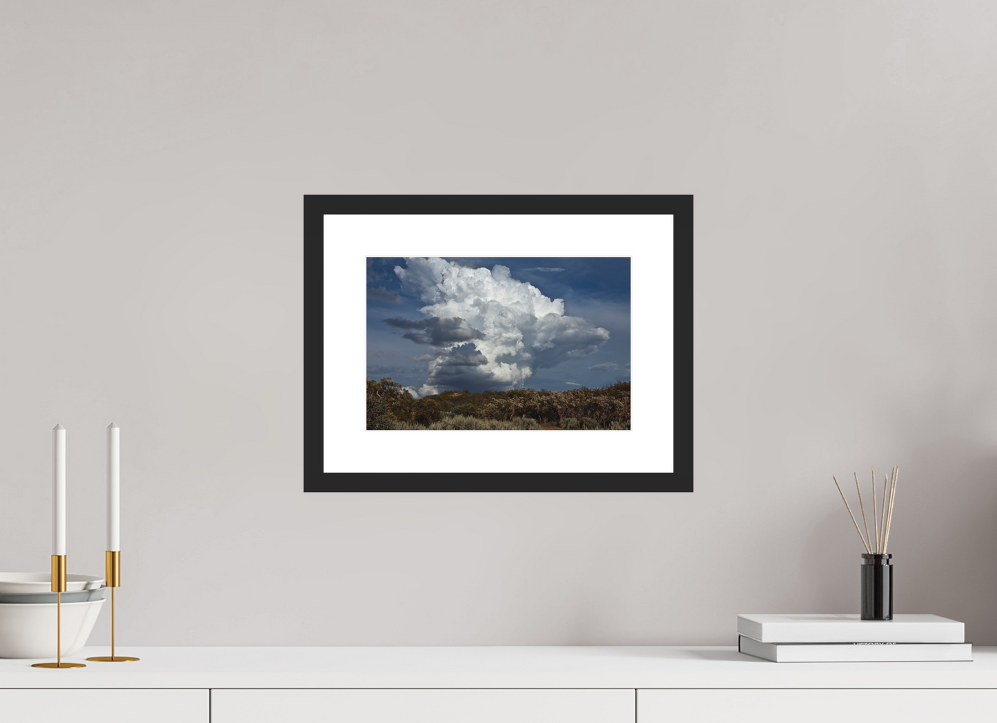 12 x 8″, Solid 0.8" Black Wood Frame With 2" Natural White Passe-Partout with Museum Glass Billowing Clouds