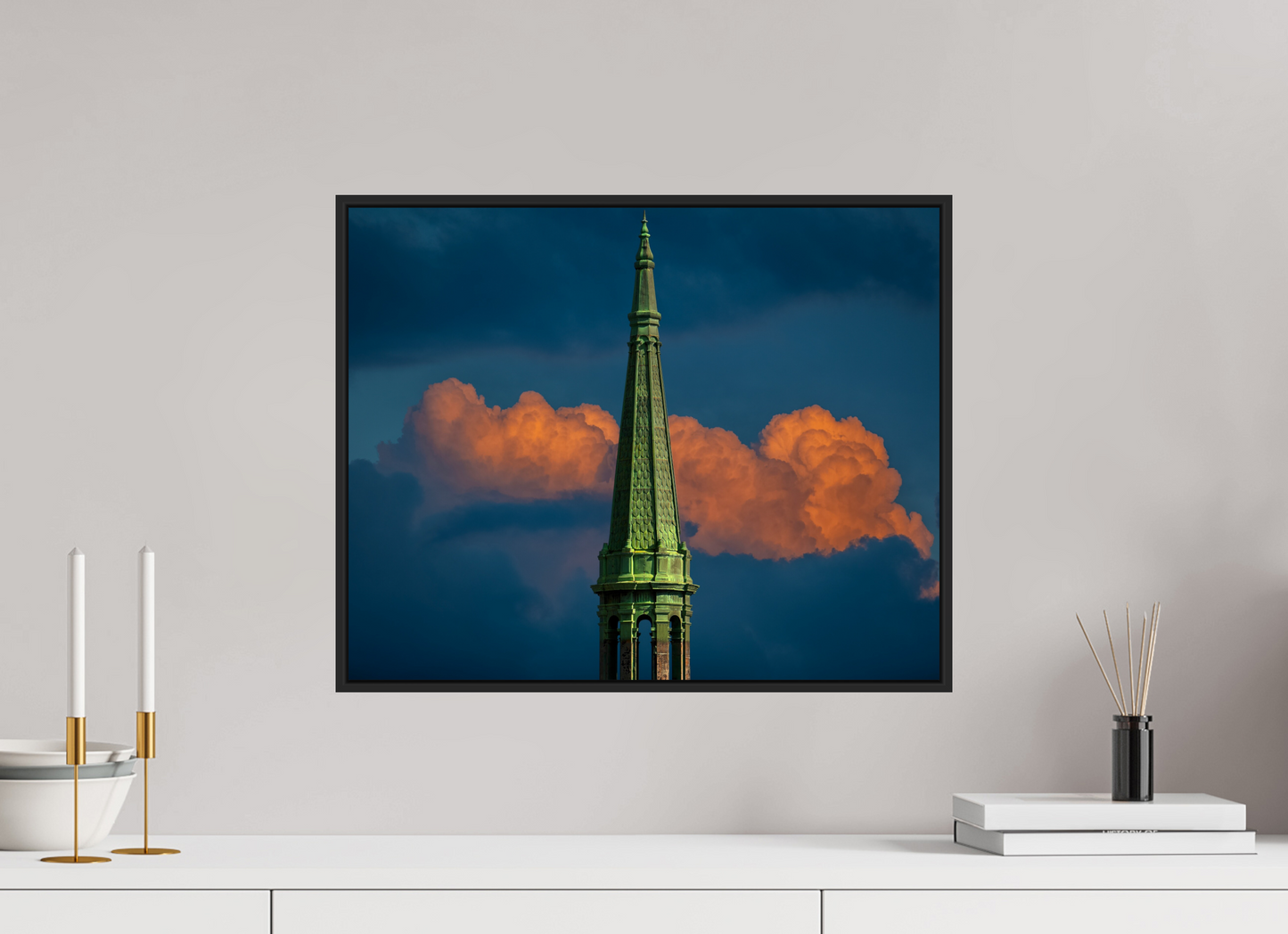 Orange Clouds and Green Tower