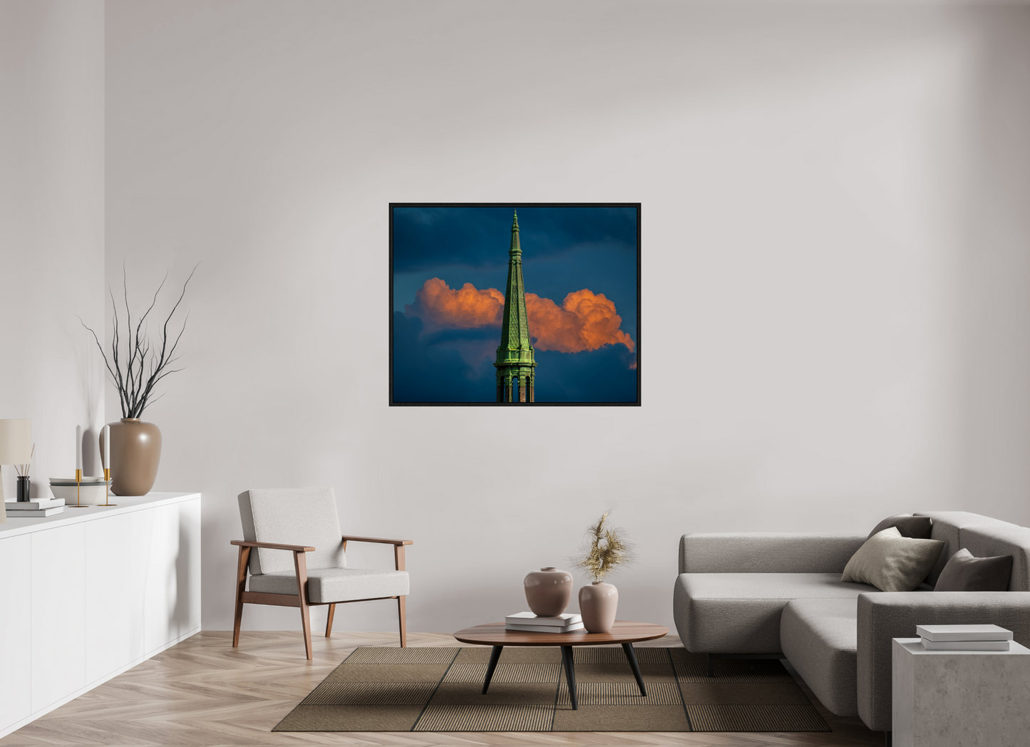 48.7 x 39″, Floater Frame Orange Clouds and Green Tower