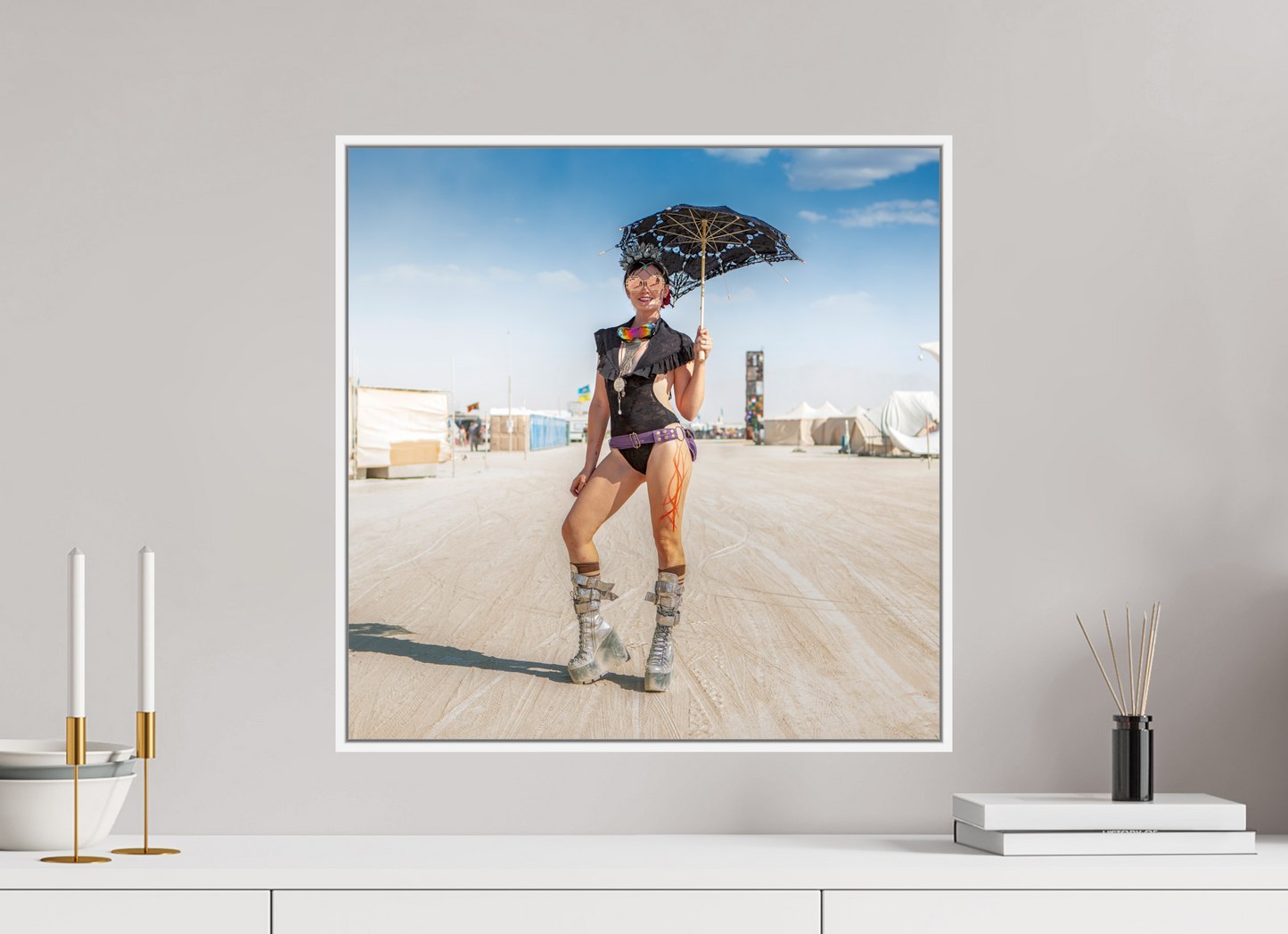 20 x 20″, White Matte Frame, No Border Burning Man - Attendee with Parasol