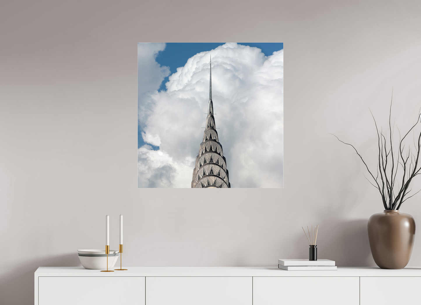 30 x 30″, Frameless Acrylic Glass Chrysler Building with Clouds